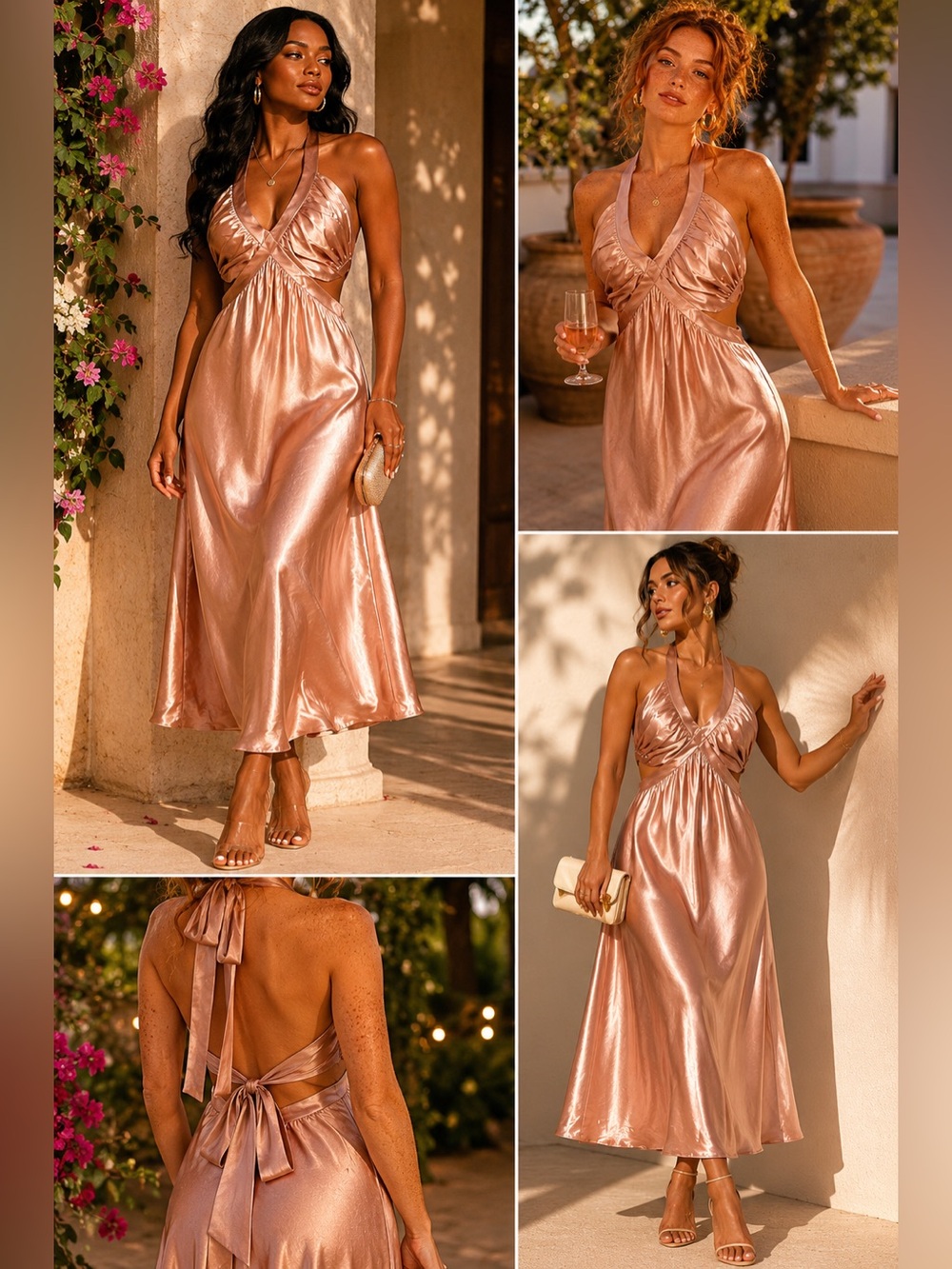 Line & Dot Emma Cut Out Satin Halter Midi Dress Rose Gold XS BNWT